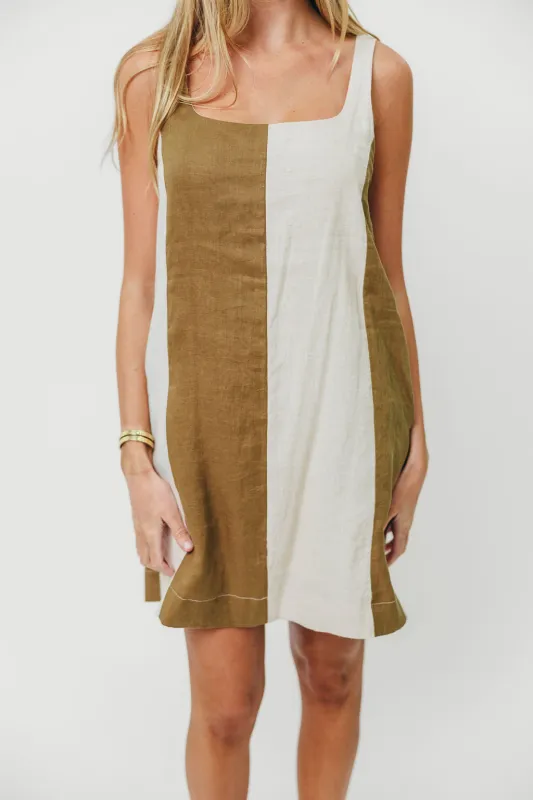 Kenya 100% Linen Color Block Mini Dress in Olive/Oatmeal sold by Worth Collective