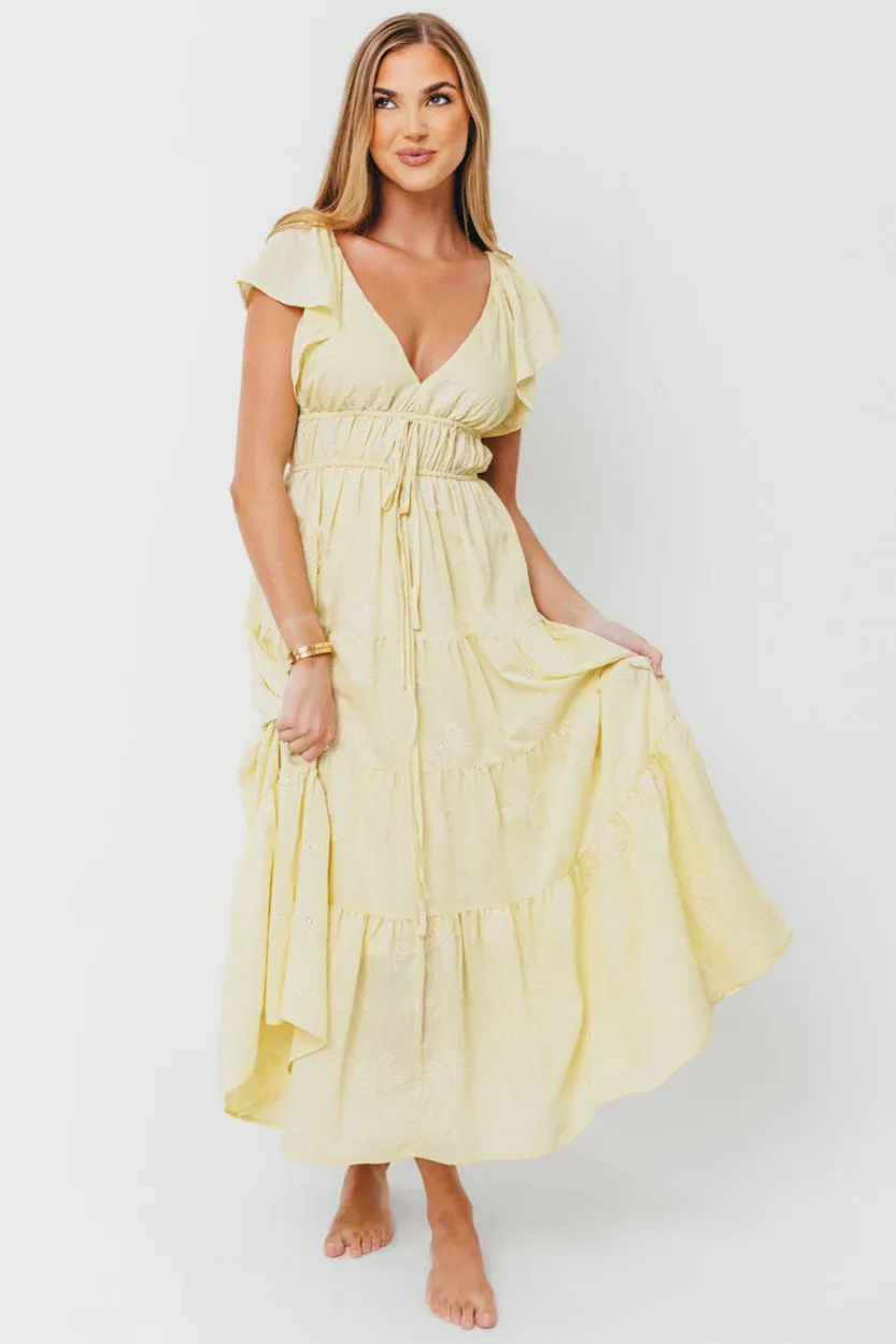 Destiny Embroidered Ruffle Sleeve Tiered Midi Dress in Yellow sold by Worth Collective