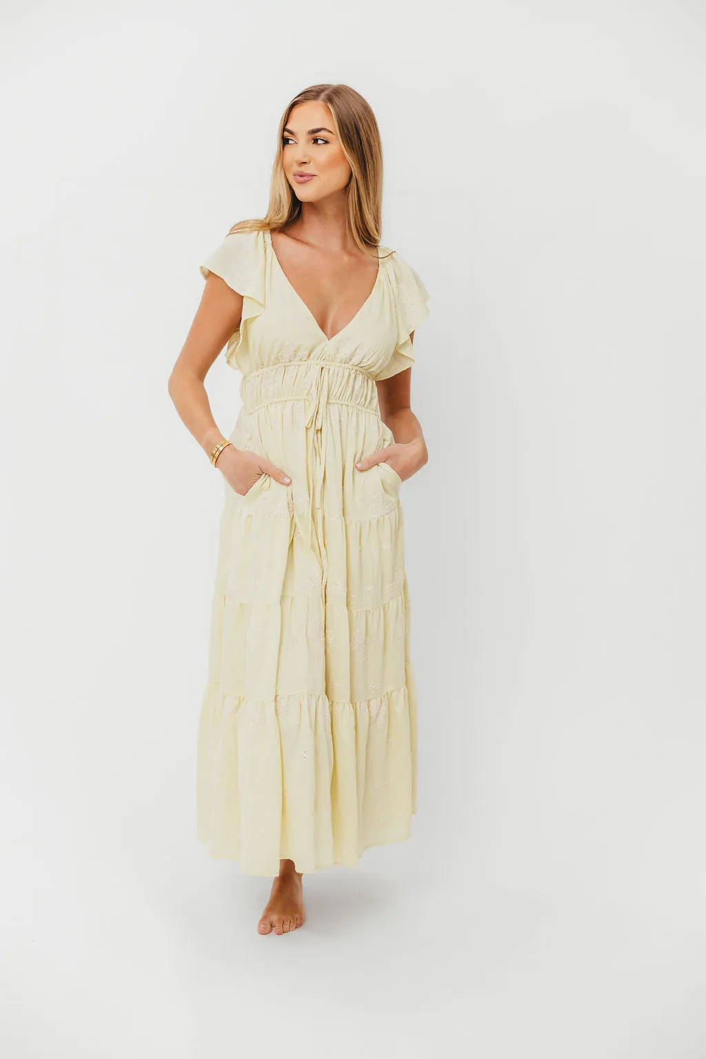 Destiny Embroidered Ruffle Sleeve Tiered Midi Dress in Yellow sold by Worth Collective product image thumbnail 4