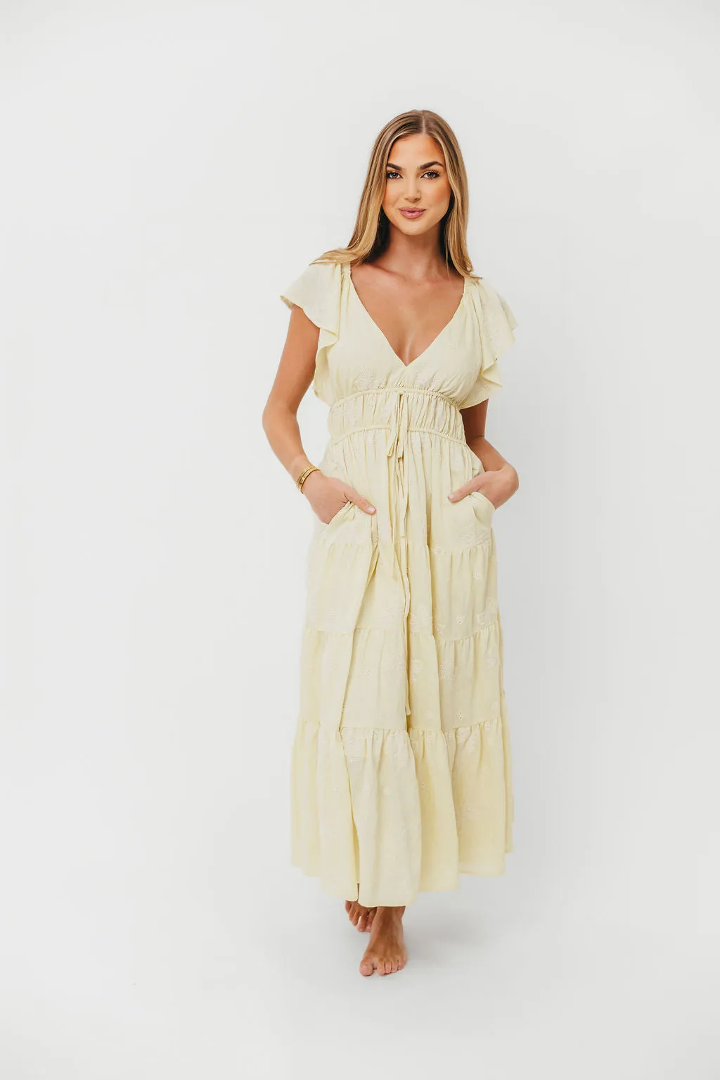 Destiny Embroidered Ruffle Sleeve Tiered Midi Dress in Yellow sold by Worth Collective product image thumbnail 2
