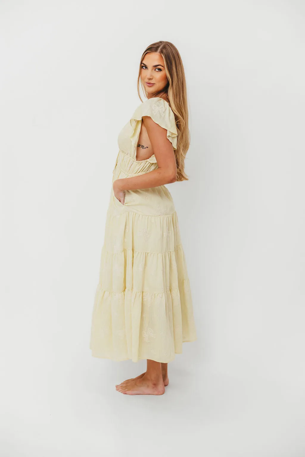 Destiny Embroidered Ruffle Sleeve Tiered Midi Dress in Yellow sold by Worth Collective product image thumbnail 5
