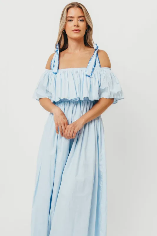 Aviva 100% Cotton Pleated Off-Shoulder Midi Dress in Light Blue sold by Worth Collective