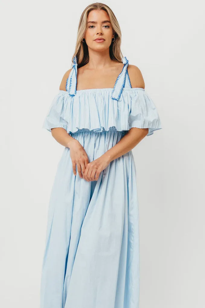 Aviva 100% Cotton Pleated Off-Shoulder Midi Dress in Light Blue sold by Worth Collective