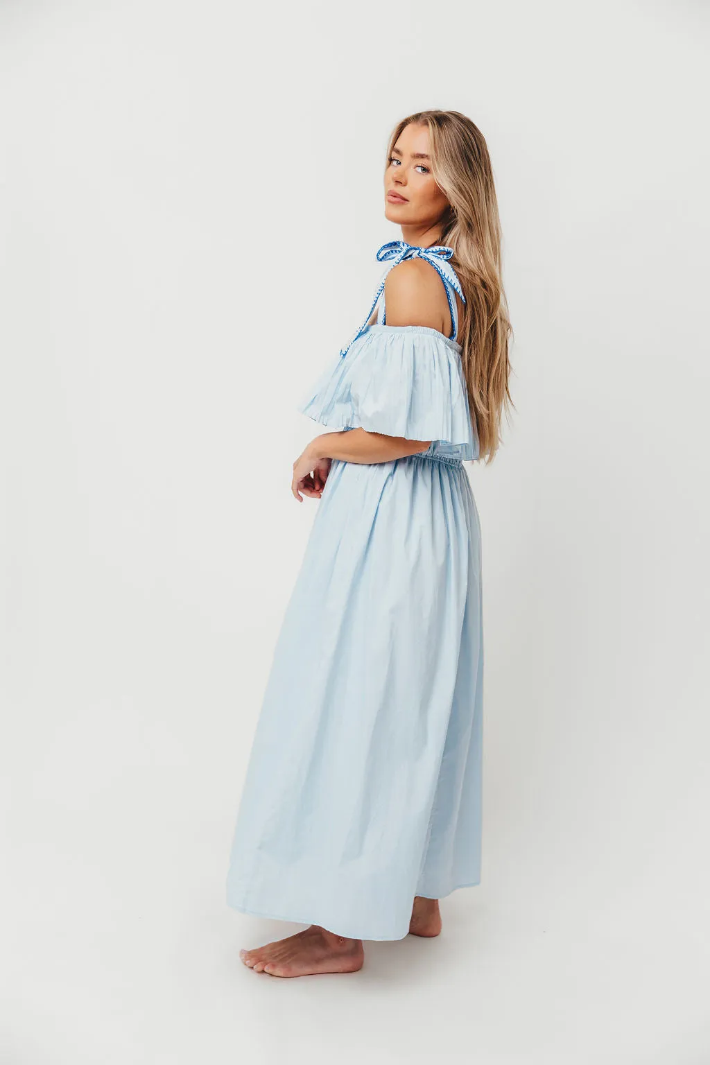 Aviva 100% Cotton Pleated Off-Shoulder Midi Dress in Light Blue sold by Worth Collective product image thumbnail 3