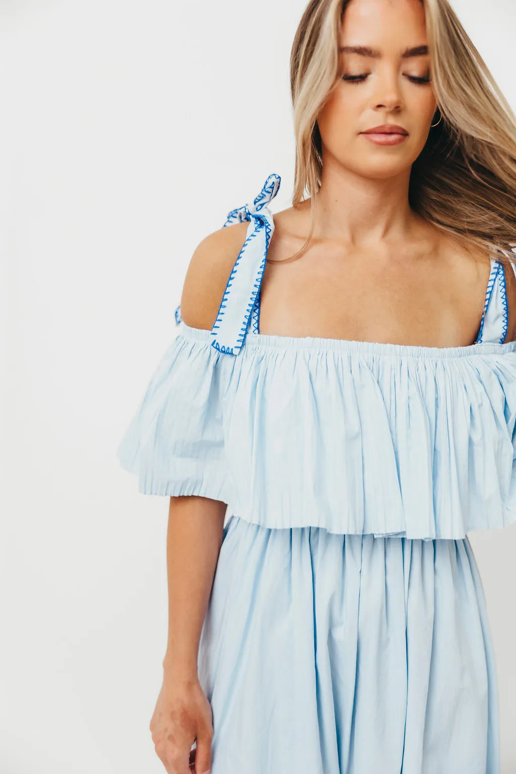 Aviva 100% Cotton Pleated Off-Shoulder Midi Dress in Light Blue sold by Worth Collective product image thumbnail 4