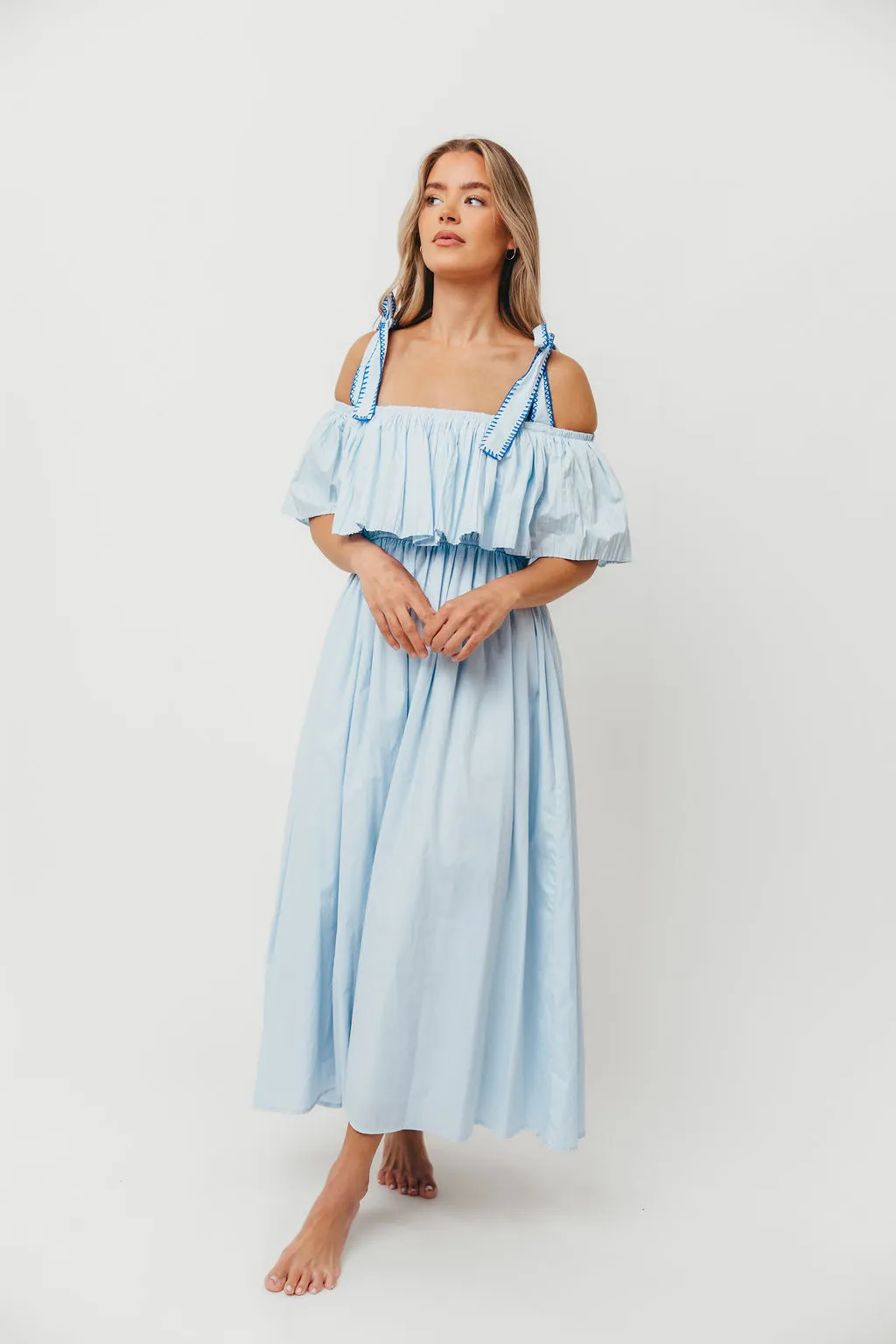 Aviva 100% Cotton Pleated Off-Shoulder Midi Dress in Light Blue sold by Worth Collective product image thumbnail 2