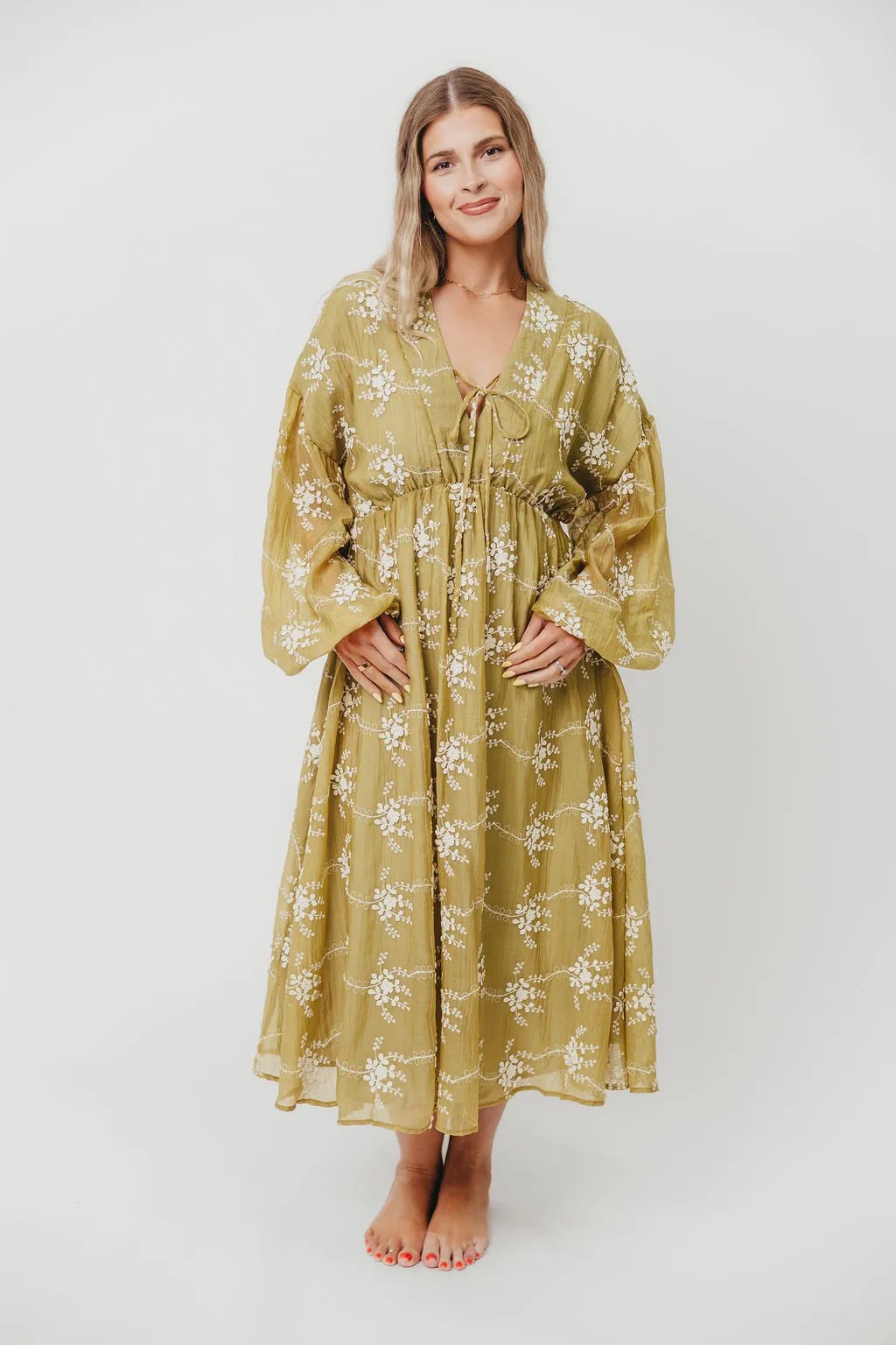 Rossi Embroidery Long Sleeve Midi Dress in Moss sold by Worth Collective product image thumbnail 5