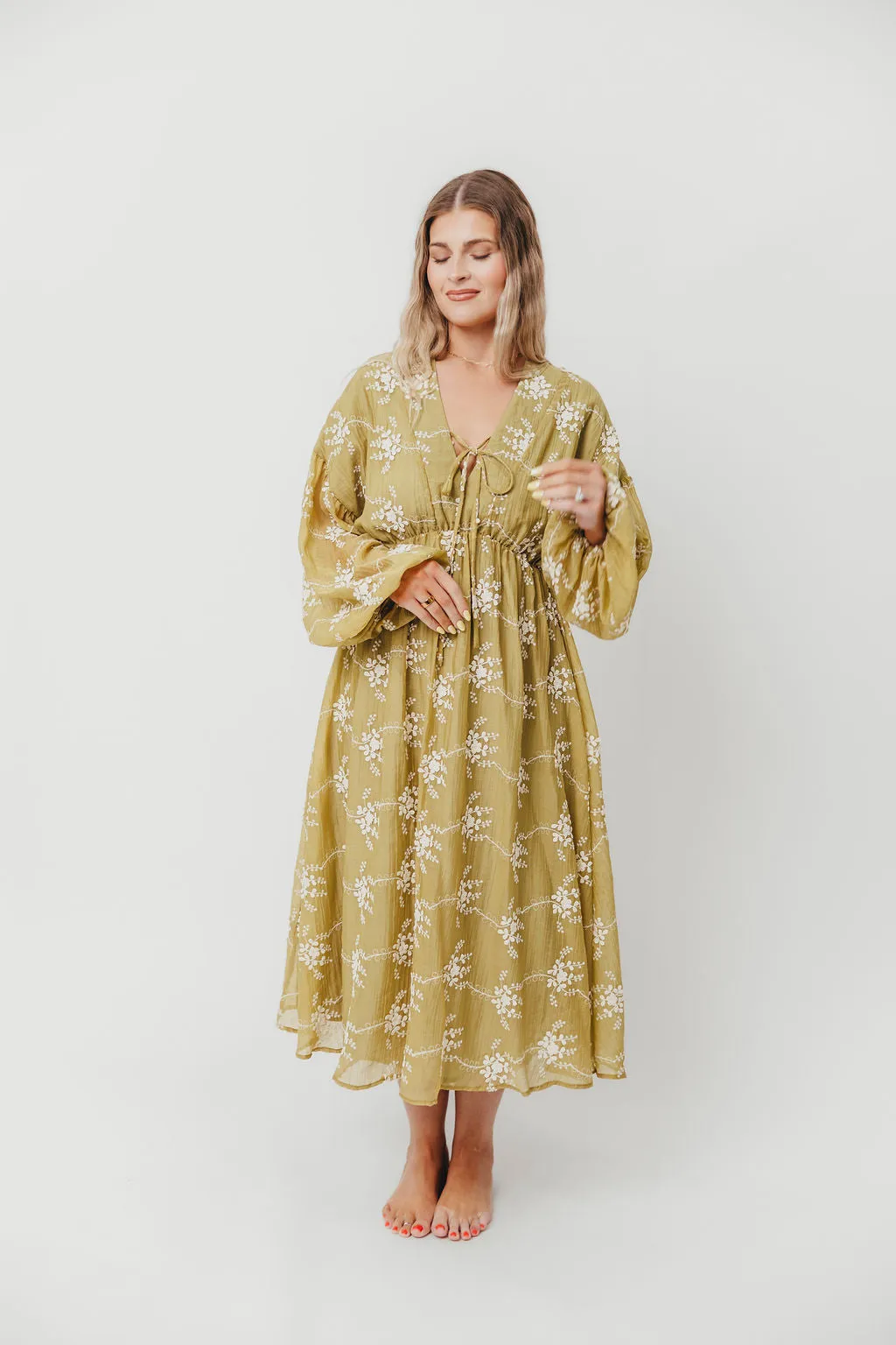 Rossi Embroidery Long Sleeve Midi Dress in Moss sold by Worth Collective product image thumbnail 4