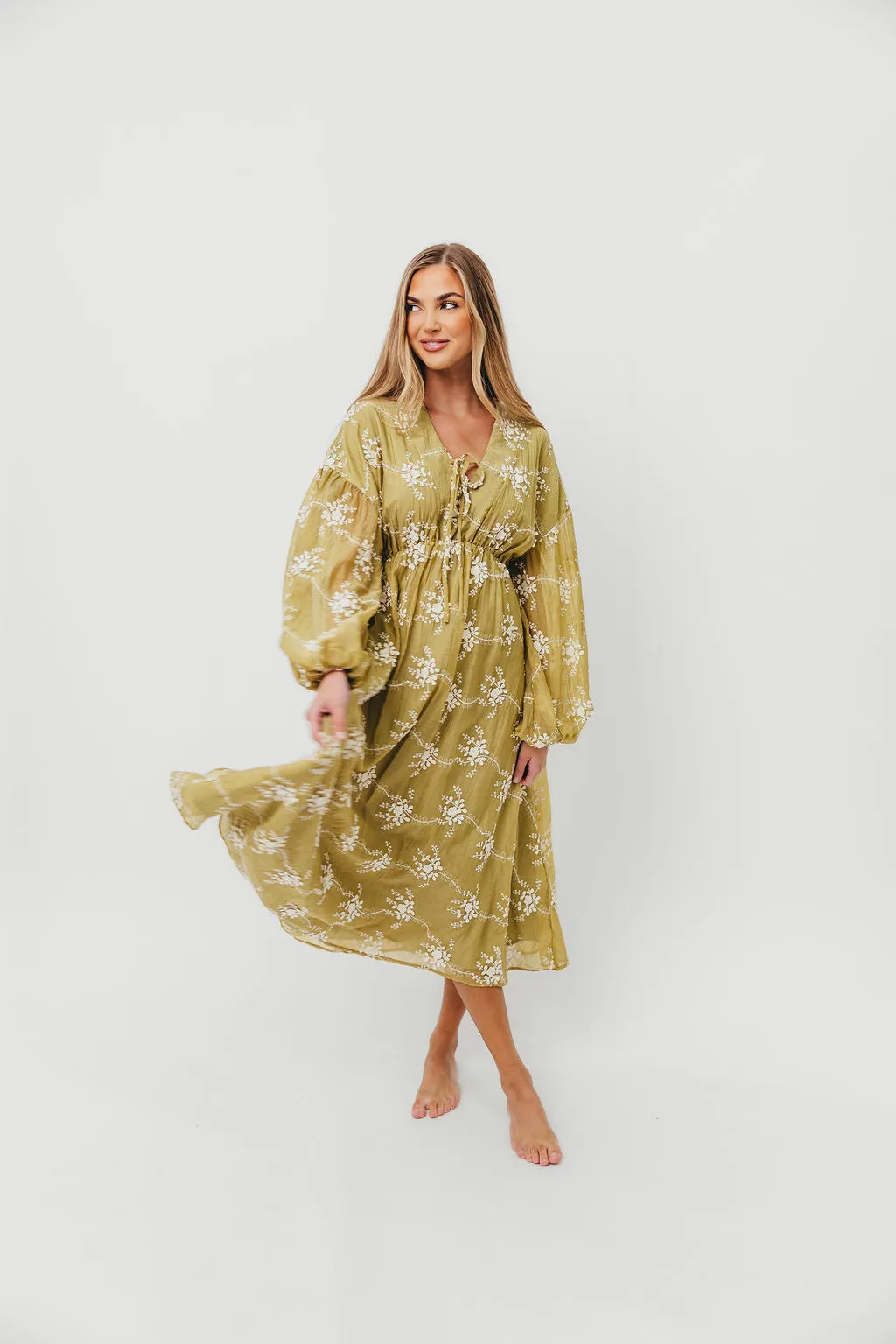 Rossi Embroidery Long Sleeve Midi Dress in Moss sold by Worth Collective product image thumbnail 2