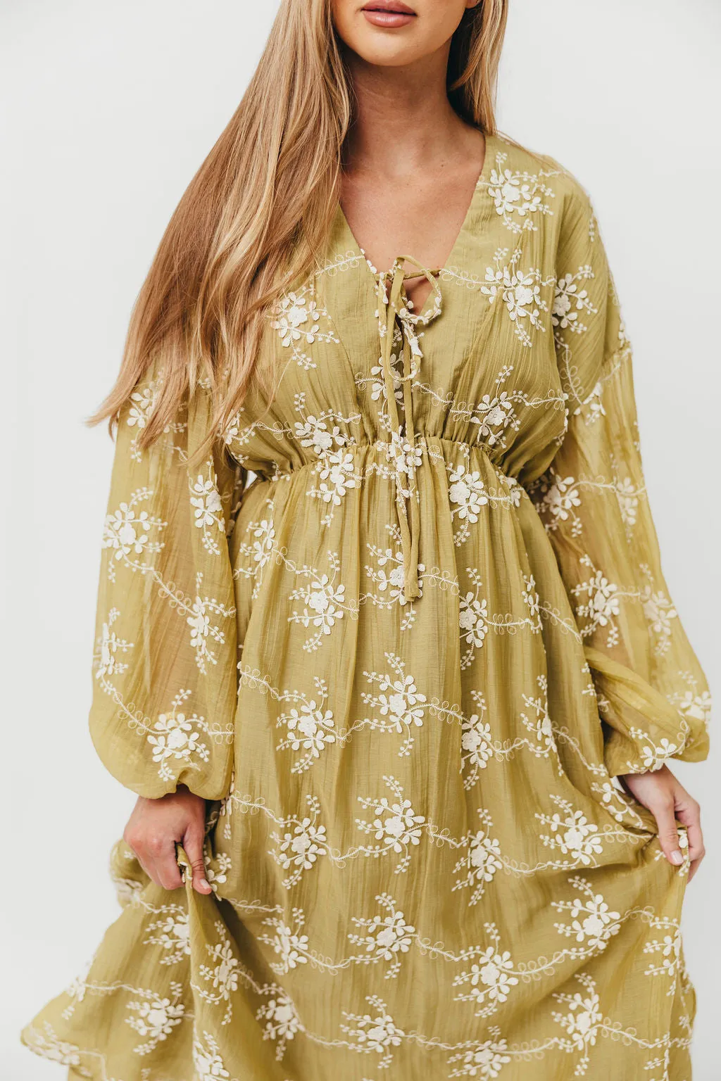 Rossi Embroidery Long Sleeve Midi Dress in Moss sold by Worth Collective