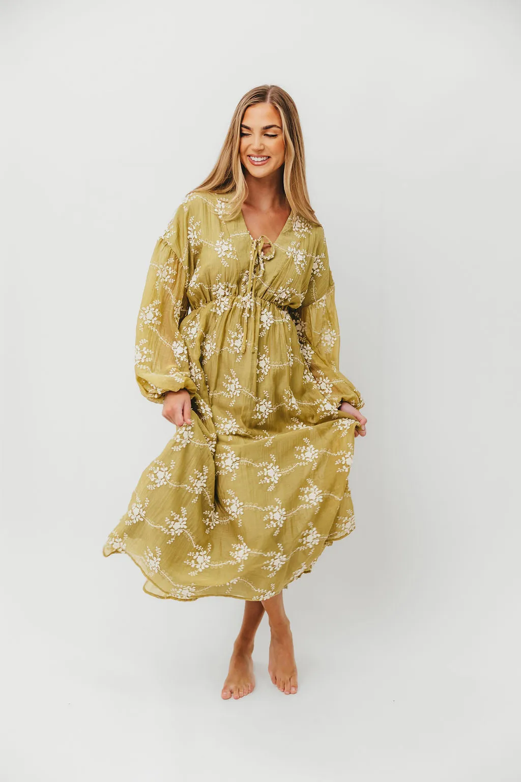 Rossi Embroidery Long Sleeve Midi Dress in Moss sold by Worth Collective product image thumbnail 3
