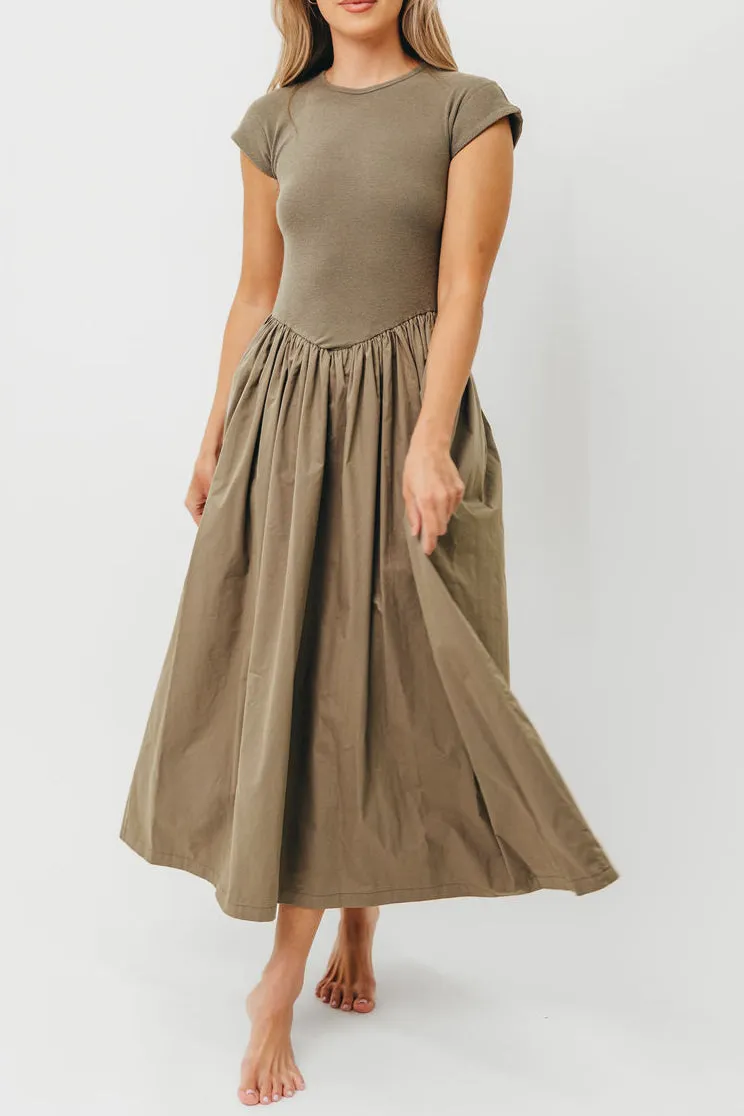 Dolores Rib and Woven Skirt Combo Dress in Olive sold by Worth Collective