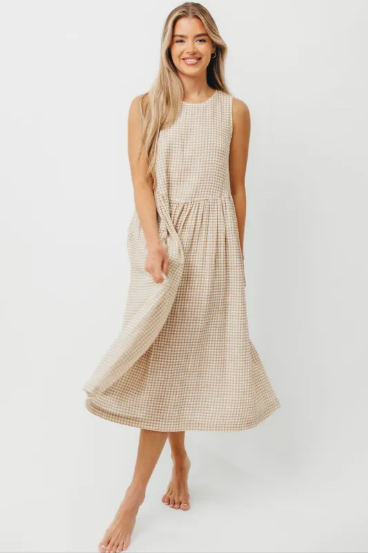 Frannie 100% Cotton Gingham Midi Dress in Natural sold by Worth Collective