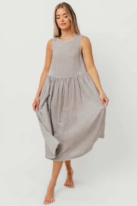 Frannie 100% Cotton Gingham Midi Dress in Ash sold by Worth Collective