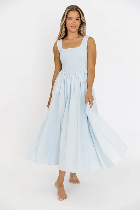 Rio Sleeveless Smocked Bodice Midi Dress in Light Aqua sold by Worth Collective