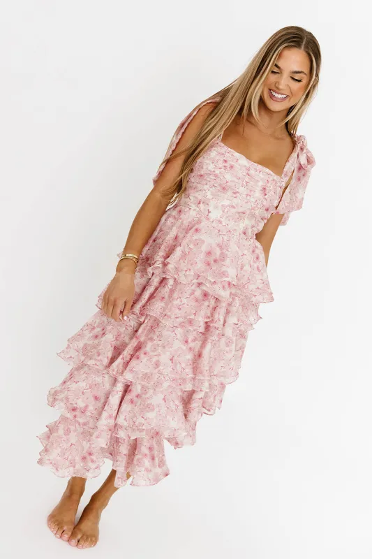 Soho Floral Tiered Midi Dress with Pleats and Ruffle in Pink sold by Worth Collective