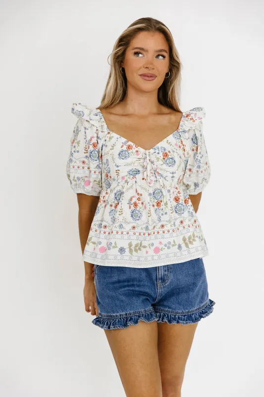 Dahlia Floral Puff Sleeve Blouse in Cream sold by Worth Collective