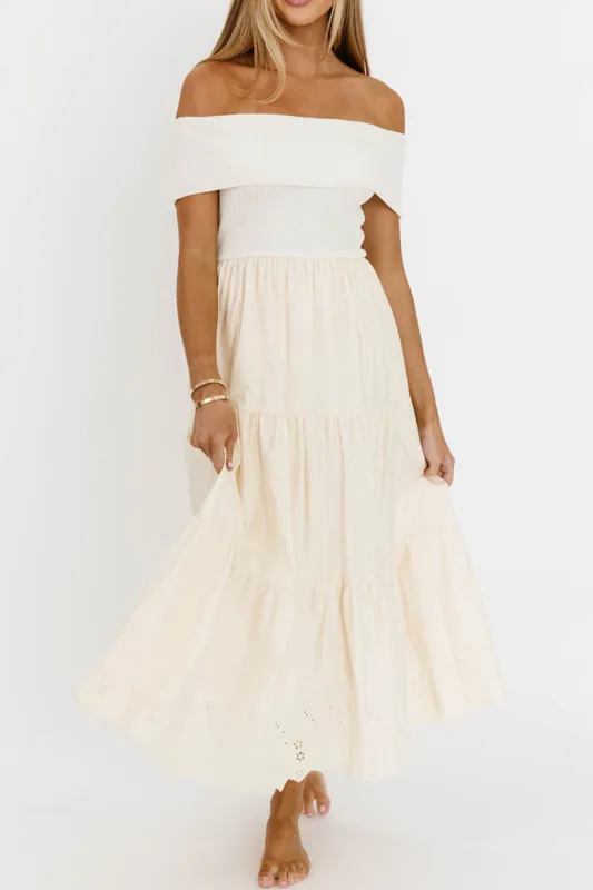 Dina Off-the-Shoulder Tiered Midi Dress in Cream sold by Worth Collective