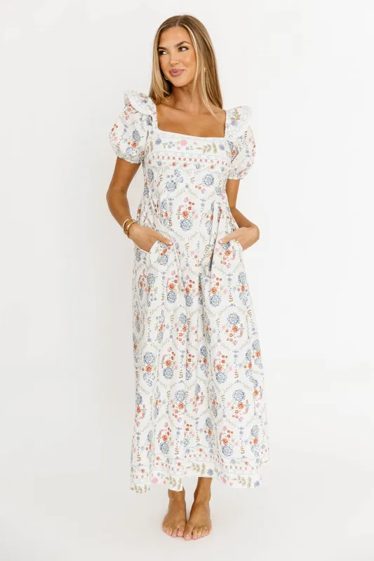Cassia Floral Puff-Sleeve Maxi Dress in Cream sold by Worth Collective