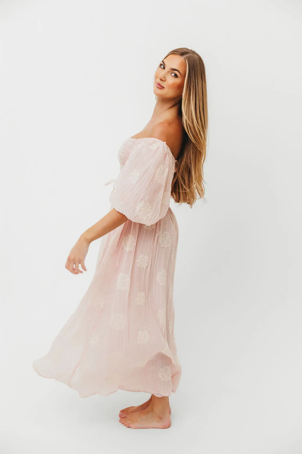 Aimee Smocked Embroidered Floral Midi Dress in Blush sold by Worth Collective product image thumbnail 2