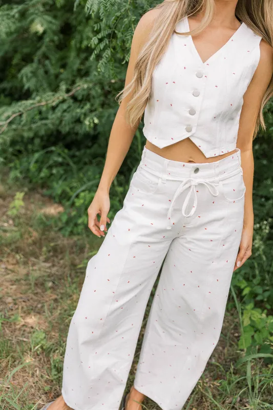 Parton Mini Bow Print Waist Tie Detail Washed Barrel Jeans in Off White sold by Worth Collective