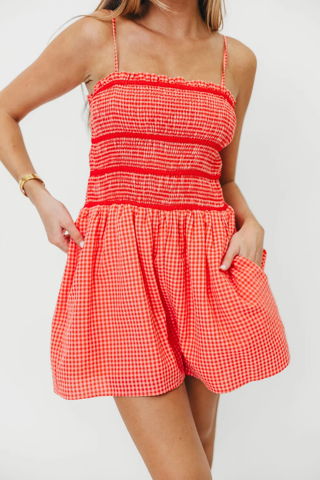 Posey Gingham Romper in Pink/Red sold by Worth Collective product image thumbnail 5