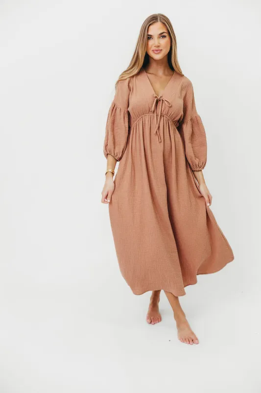 Hunter 100% Cotton Gauze Midi Dress in Pink Clay sold by Worth Collective