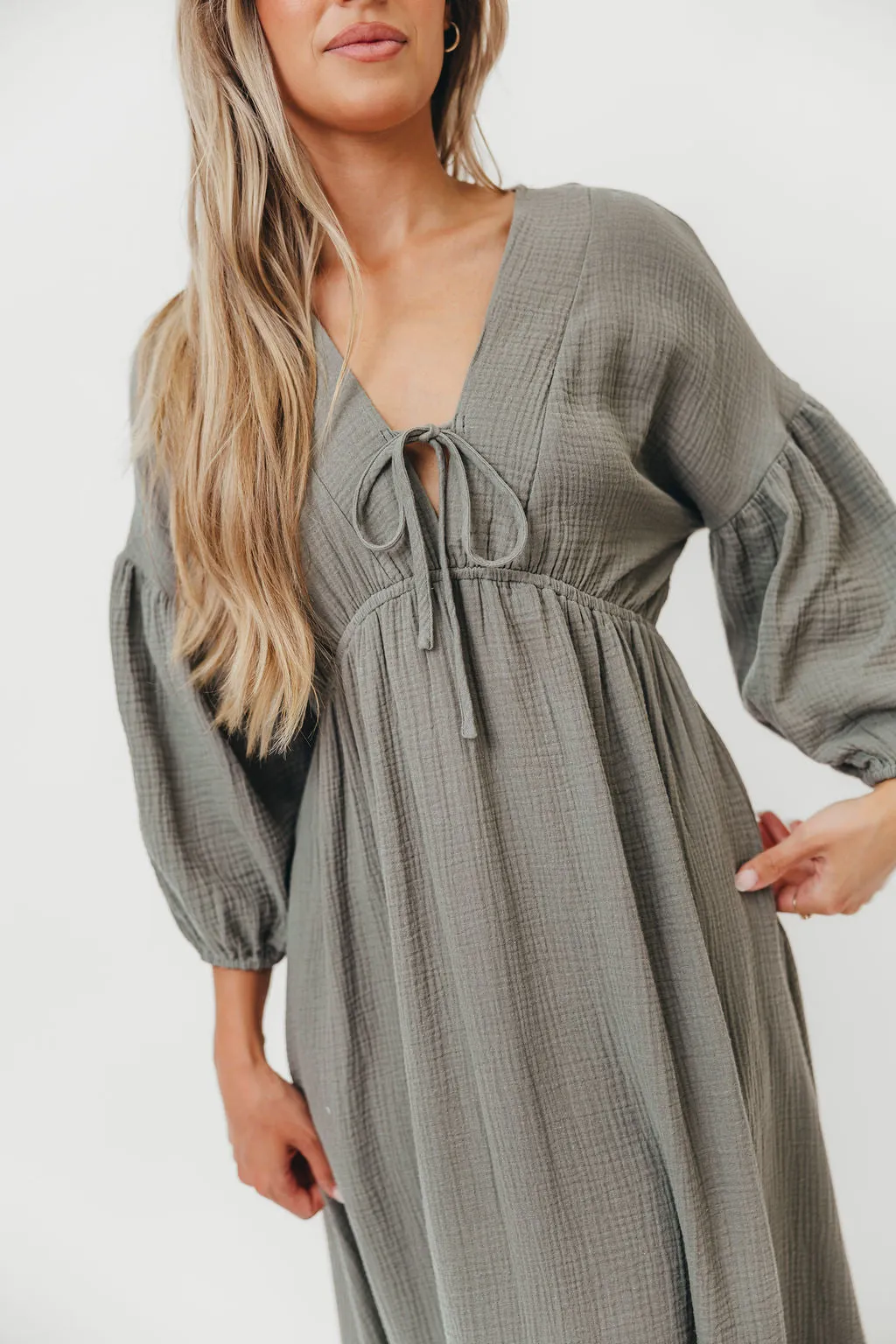 Hunter 100% Cotton Gauze Midi Dress in Dry Sage sold by Worth Collective product image thumbnail 4