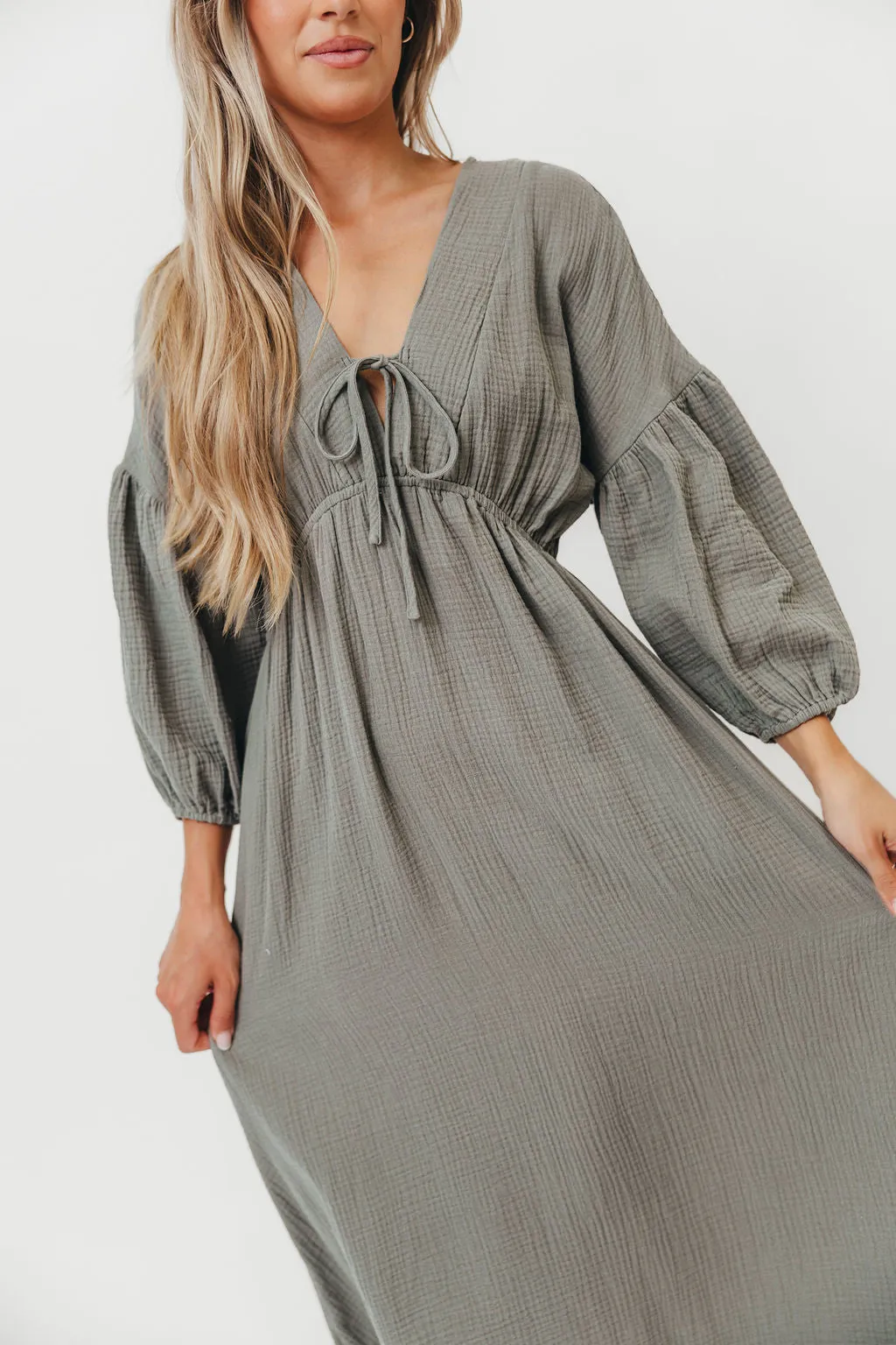 Hunter 100% Cotton Gauze Midi Dress in Dry Sage sold by Worth Collective product image thumbnail 3