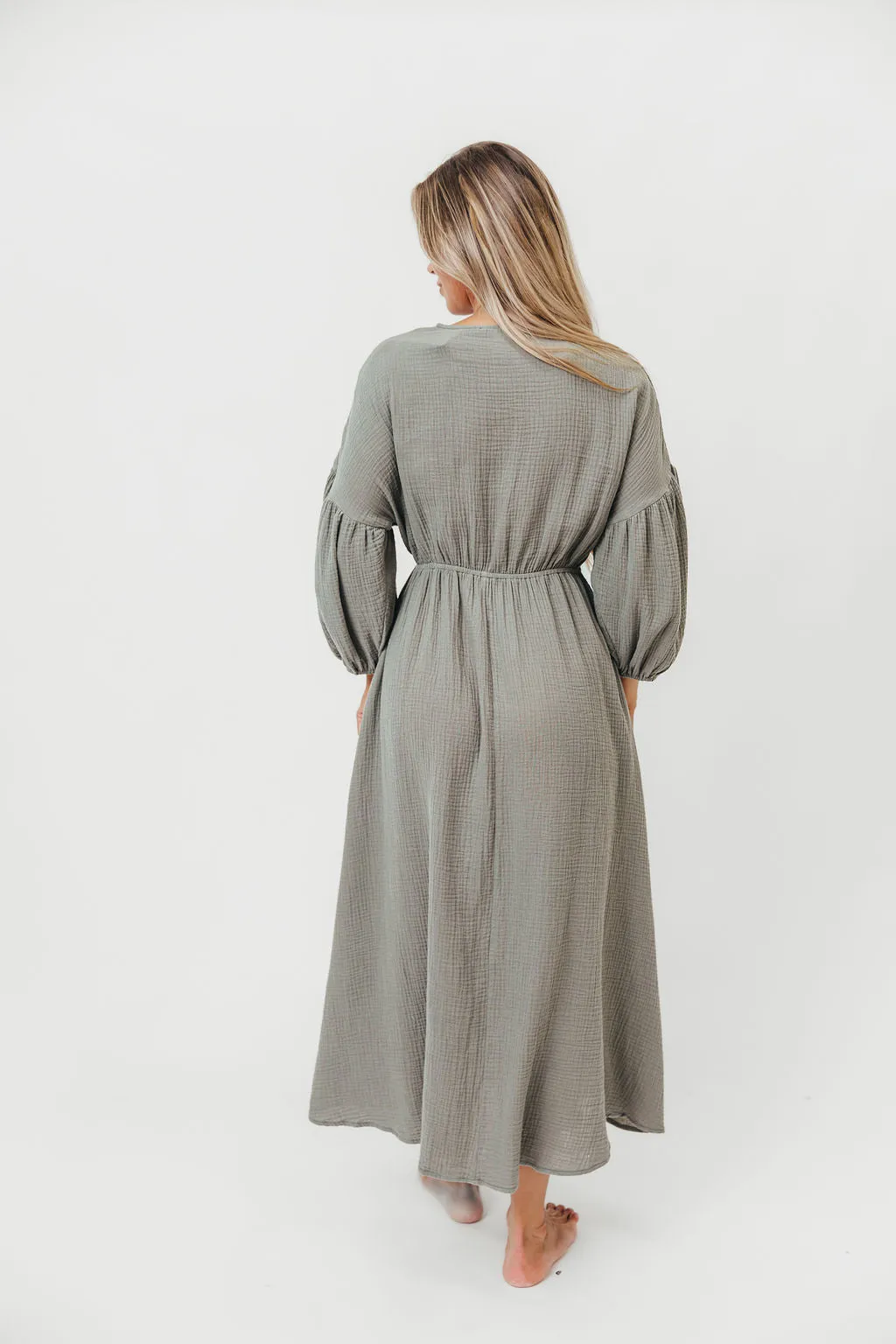 Hunter 100% Cotton Gauze Midi Dress in Dry Sage sold by Worth Collective product image thumbnail 2