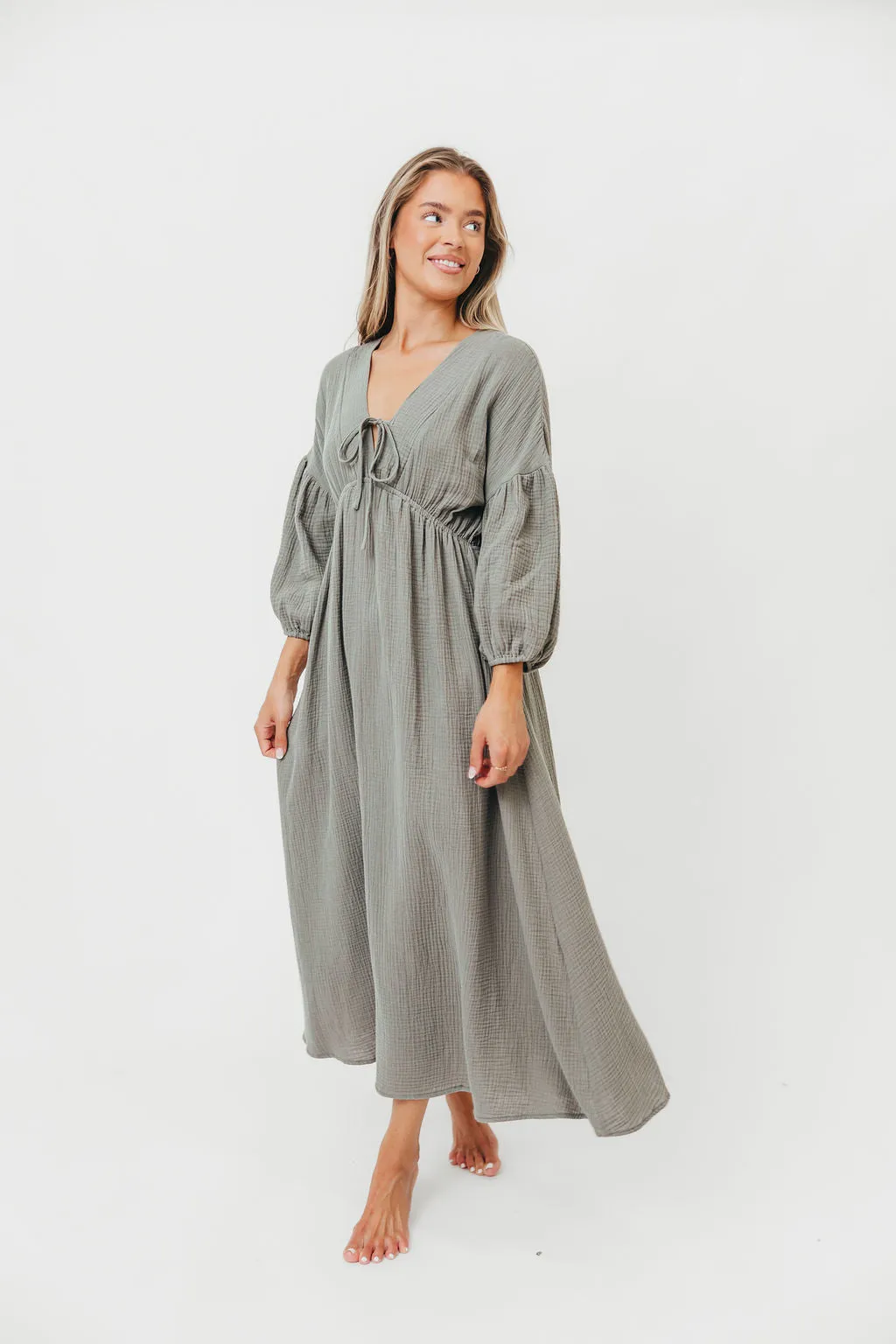 Hunter 100% Cotton Gauze Midi Dress in Dry Sage sold by Worth Collective