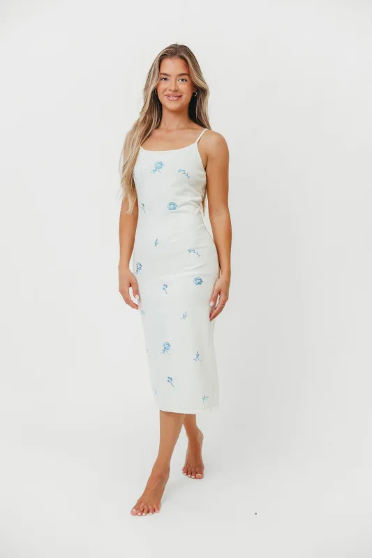 Wisteria Sweater Midi Dress with Floral Embroidery in White made by Le Lis