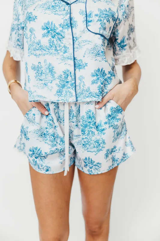 Jessamine Toile Satin Contrast Ruffle Detail Pj Set in Blue/White sold by Worth Collective