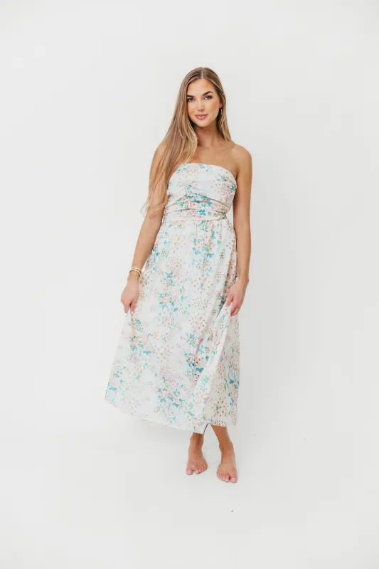 Rosella Floral Eyelet Lace Ruched Tube Maxi Dress in Spring Bloom sold by Worth Collective