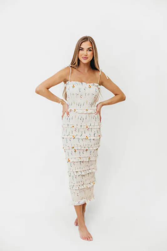 Cypress Smocked Midi Dress in Floral sold by Worth Collective