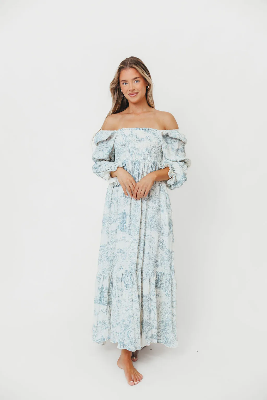 Emerson 100% Cotton Smocked Maxi Dress with Long Sleeves in Blue Toile - Bump Friendly sold by Worth Collective product image thumbnail 5