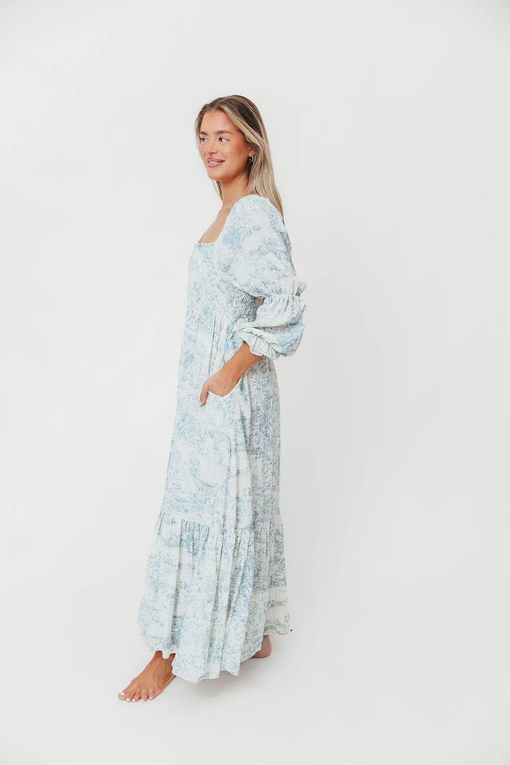 Emerson 100% Cotton Smocked Maxi Dress with Long Sleeves in Blue Toile - Bump Friendly sold by Worth Collective product image thumbnail 3