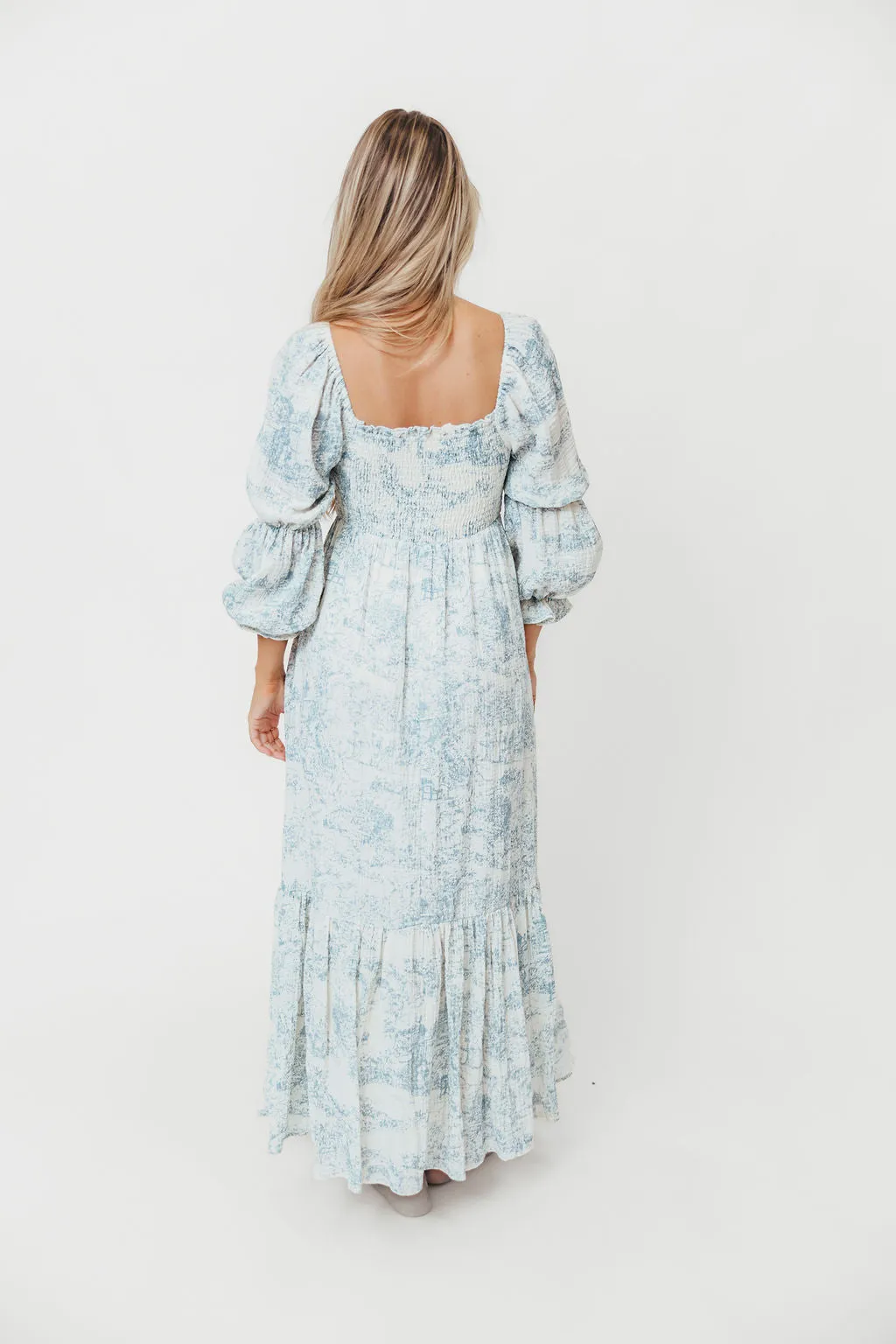 Emerson 100% Cotton Smocked Maxi Dress with Long Sleeves in Blue Toile - Bump Friendly sold by Worth Collective product image thumbnail 4