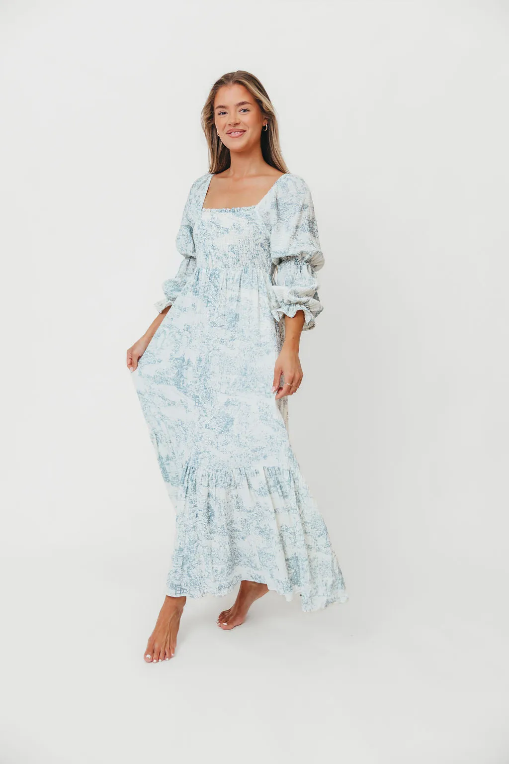 Emerson 100% Cotton Smocked Maxi Dress with Long Sleeves in Blue Toile - Bump Friendly sold by Worth Collective product image thumbnail 2