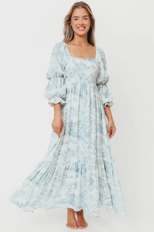 Emerson 100% Cotton Smocked Maxi Dress with Long Sleeves in Blue Toile - Bump Friendly sold by Worth Collective