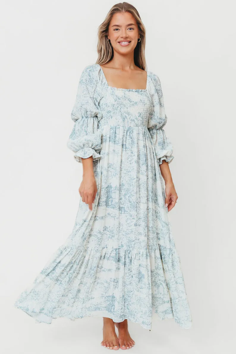 Emerson 100% Cotton Smocked Maxi Dress with Long Sleeves in Blue Toile - Bump Friendly sold by Worth Collective