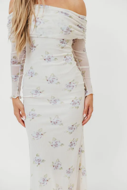 Chrishell Off Shoulder Maxi Dress in Cream made by Blue Blush