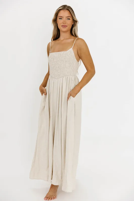 Josefina Smocked Maxi Dress in Natural - Bump Friendly sold by Worth Collective