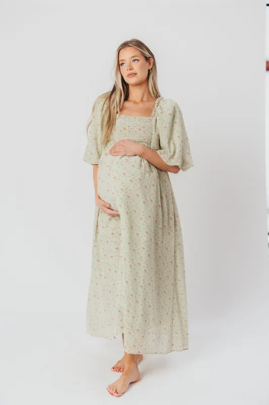 Melody Maxi Dress with Pleats and Bow Detail in Mint Floral - Bump Friendly & Inclusive Sizing (S-3XL) sold by Worth Collective