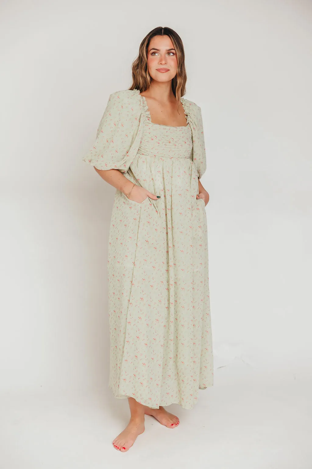 Melody Maxi Dress with Pleats and Bow Detail in Mint Floral - Bump Friendly & Inclusive Sizing (S-3XL) sold by Worth Collective product image thumbnail 4