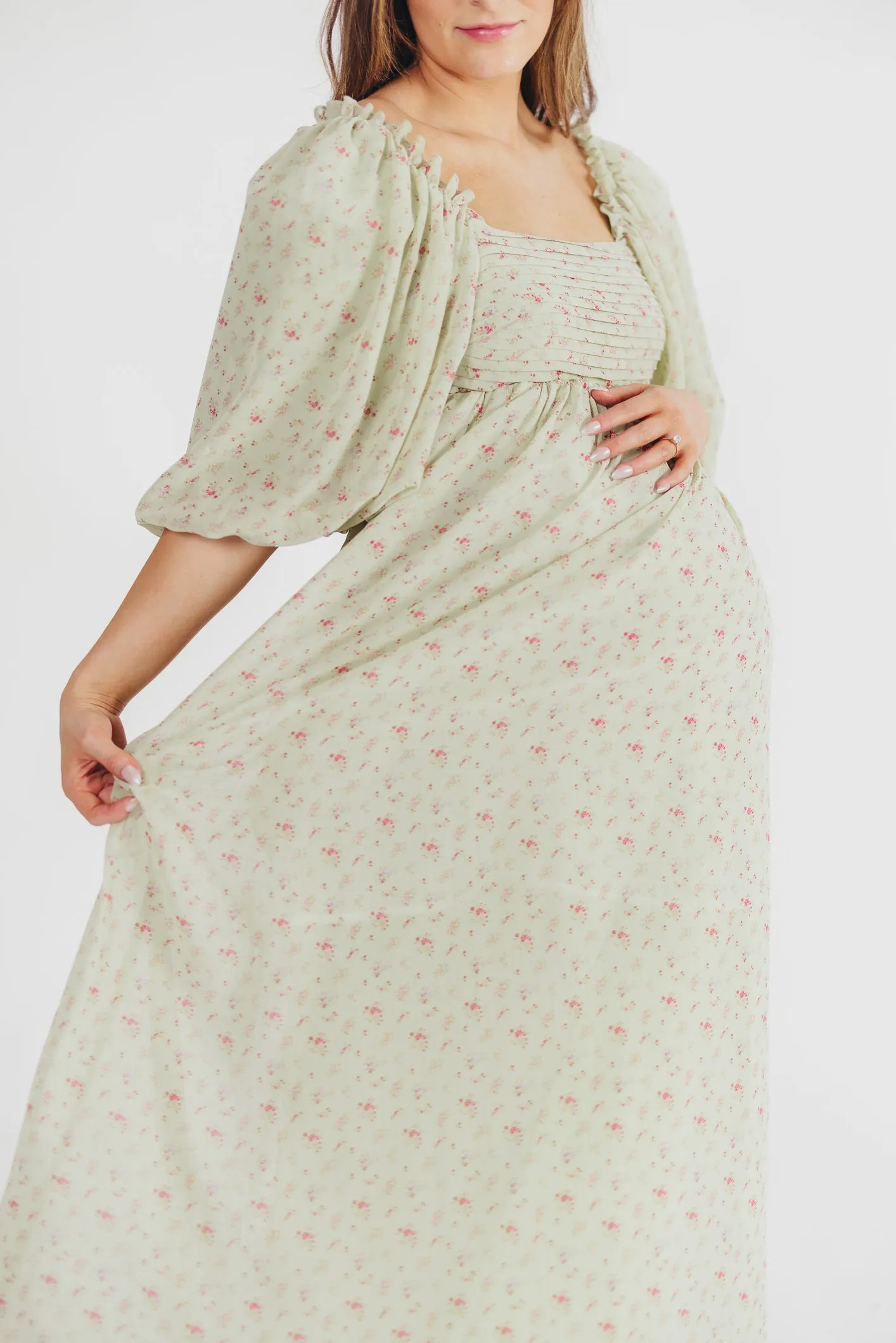 Melody Maxi Dress with Pleats and Bow Detail in Mint Floral - Bump Friendly & Inclusive Sizing (S-3XL) sold by Worth Collective product image thumbnail 2