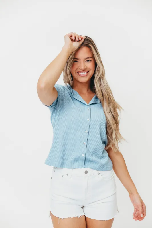 Petra Ribbed Button-Up Knit Top in Medium Blue sold by Worth Collective