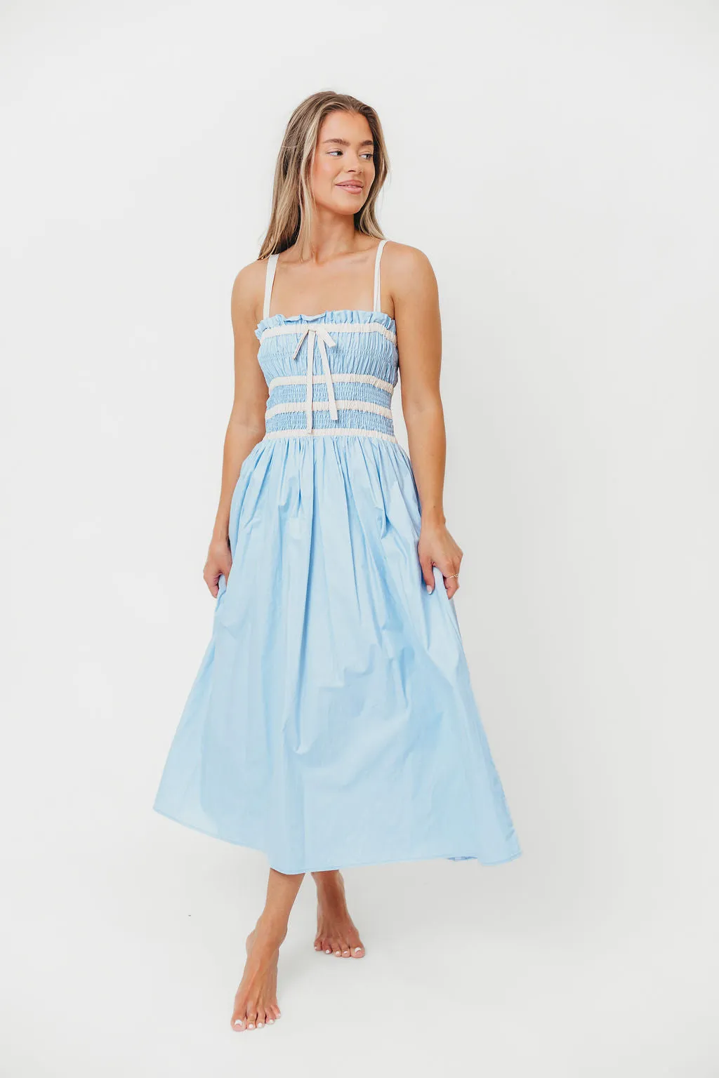 Edie 100% Cotton Midi Dress with Combination Trim in Powder Blue sold by Worth Collective