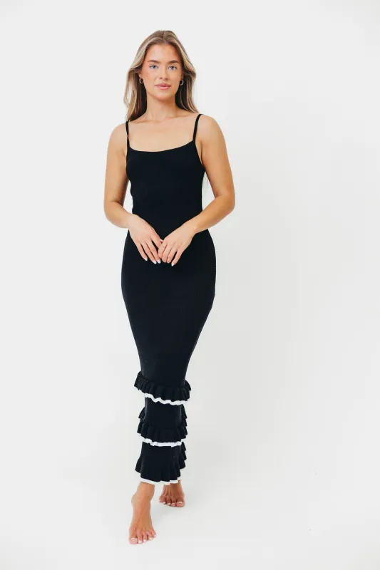 Vixen Striped Ruffle Hem Maxi Dress in Black/White sold by Worth Collective