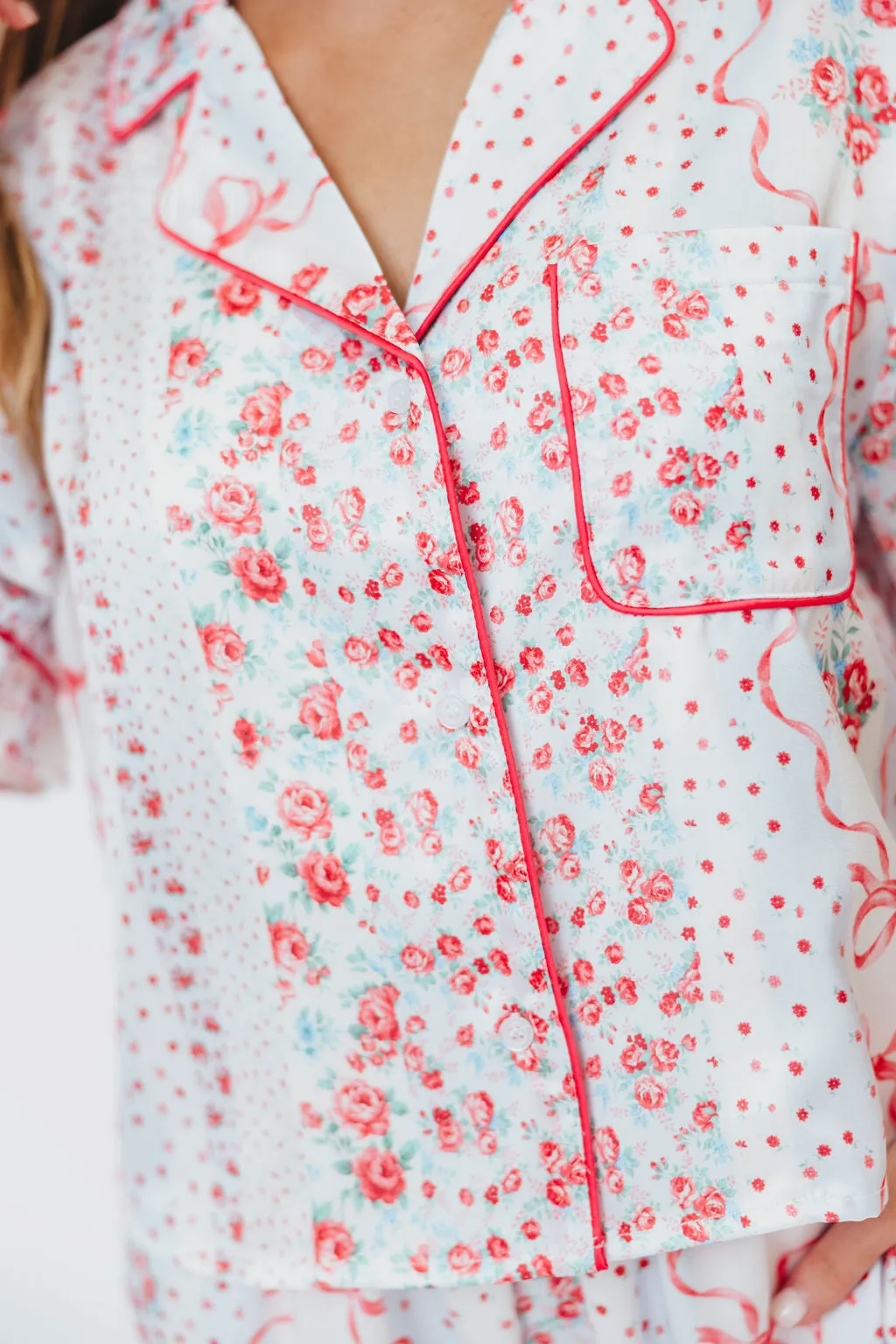 Rosalinda Floral Satin Ruffle Sleeve with Tie Detail P*Final-Sale*j Set in Light Blue/Multi sold by Worth Collective product image thumbnail 5